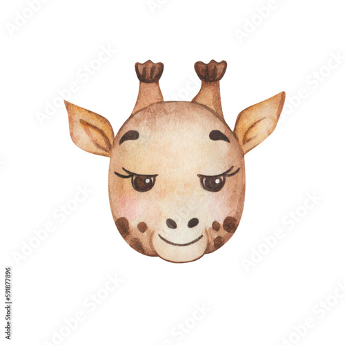 Watercolor illustration. Hand painted giraffe in brown  yellow colors with smile  lashes  horns. Smiling baby animal. Cartoon character. African safari. Isolated clip art for children textile  banners