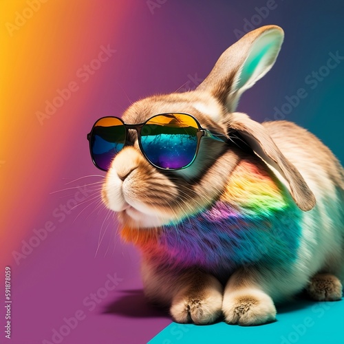 Cool rabbit with glasses on a beautiful background. Spring concept. Bright mood. Generative AI.