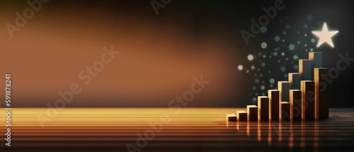 Business growth and success: rising graph of wooden pillars with glowing star at top on coffee brown background with wooden floor. Web banner ratio. Generative Ai