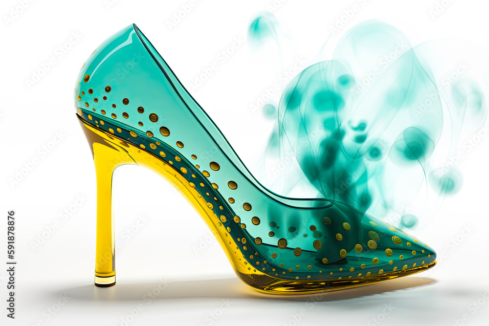 Hyper realistic high heels isolated on a white background. Yellow and teal. Dots (generative AI) 3D render Hyper realistic high heels isolated on a white background. Yellow and teal. Dots (generative AI) 3D render