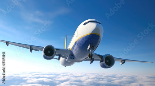 A Blue And Yellow Commercial Airplane Flying In A Blue Sky. Generative AI