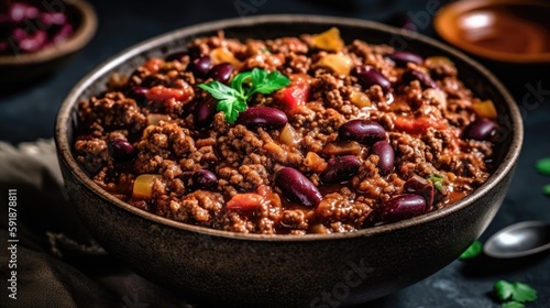A Bowl Of Chili With Ground Beef And Beans. Generative AI