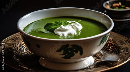 A Bowl Of Spinach Soup With Coconut Cream And Nutmeg. Generative AI