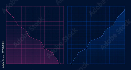 Up and down trend with graph isolated on dark background. Falling and rising graph. Stock exchange concept. Trader profit and loss. Vector illustration