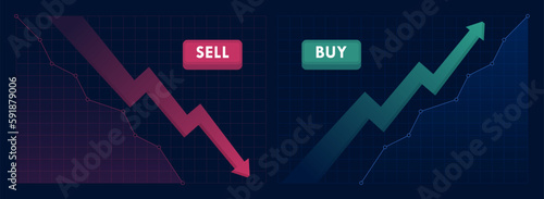 Up and down trend with arrows and graph isolated on dark background. Falling and rising graph with buy and sell buttons. Stock exchange concept. Trader profit and loss. Vector illustration