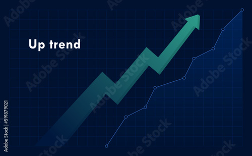 Up trend with arrow and rising graph isolated on dark background. Stock exchange concept. Trader profit. Vector illustration