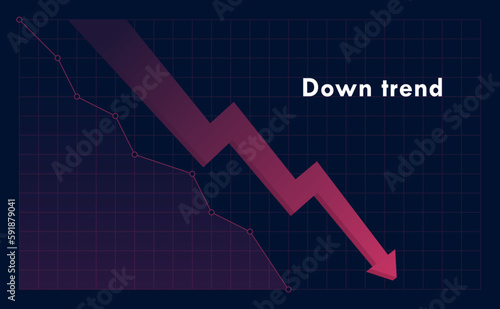 Down trend with arrow and falling graph isolated on dark background. Stock exchange concept. Trader profit and loss. Vector illustration