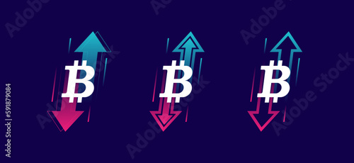 Up and down trend arrows with bitcoin sign isolated on dark background. Two arrows with different directions up and down. Concept of crypto trading, trader profit and loss, rise and fall