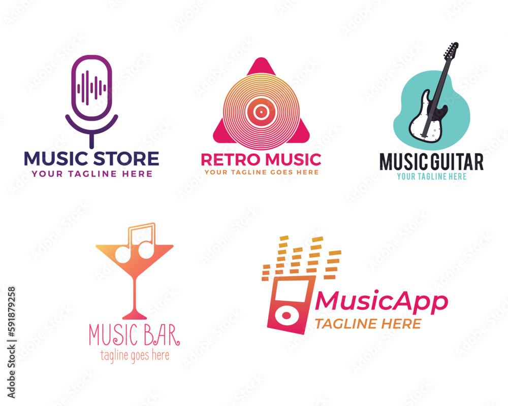 Retro Music Vector Logo Templates Set. Music Vynil, app Emblems in colorful gradient style. Branding identity for musical business company. Stock vector label designs on white background Retro Music Vector Logo Templates Set. Music Vynil, app Emblems in colorful gradient style. Branding identity for musical business company. Stock vector label designs on white background