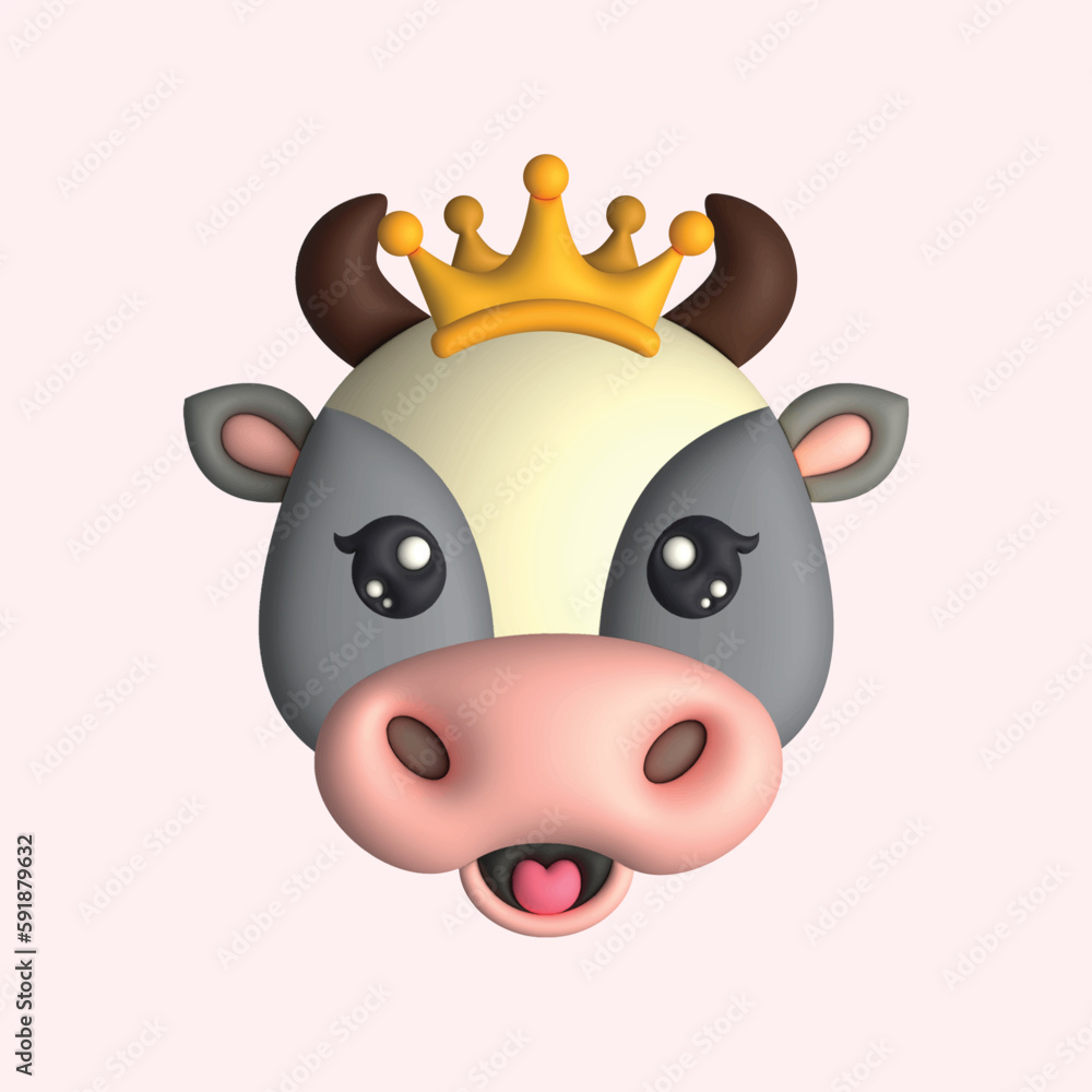 3D Render Happy Cute Cow Head with Crown (Vector) 3D Render Happy Cute Cow Head with Crown (Vector)