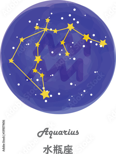 星空を背景に描かれたみずがめ座の星座線と、星座の名前が英語と日本語で描かれたイラスト