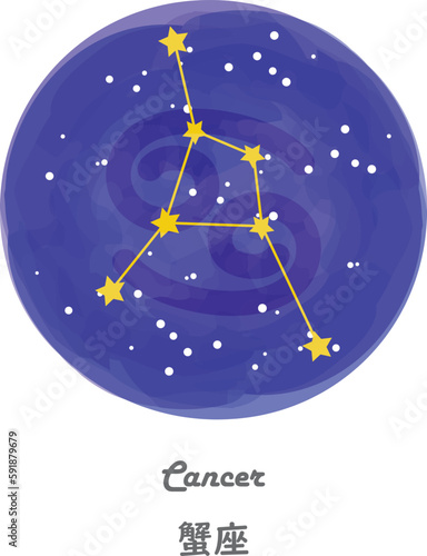 星空を背景に描かれたかに座の星座線と、星座の名前が英語と日本語で描かれたイラスト