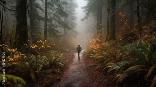 A Jogger On A Trail In The Forest. Generative AI