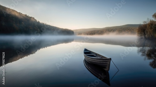 A Lone Boat On A Calm Lake At Sunrise. Generative AI