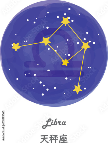 星空を背景に描かれたてんびん座の星座線と、星座の名前が英語と日本語で描かれたイラスト