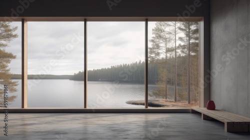A Minimalistic Picture Of A Large Window With A View Of Nature No Window Frame. Generative AI