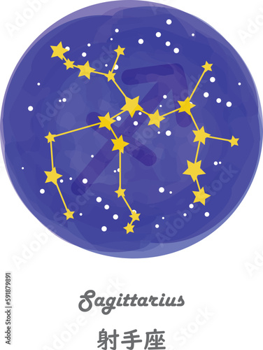 星空を背景に描かれたいて座の星座線と、星座の名前が英語と日本語で描かれたイラスト