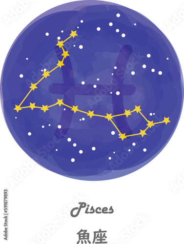 星空を背景に描かれたうお座の星座線と、星座の名前が英語と日本語で描かれたイラスト