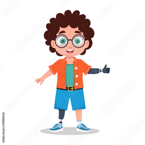 Child with a prosthetic leg and arm