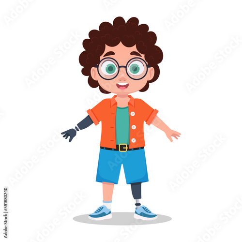 Child with a prosthetic leg and arm