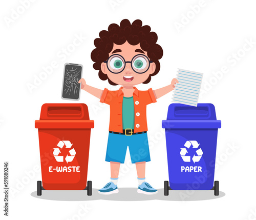 Boy sorts garbage, electronic waste and paper
