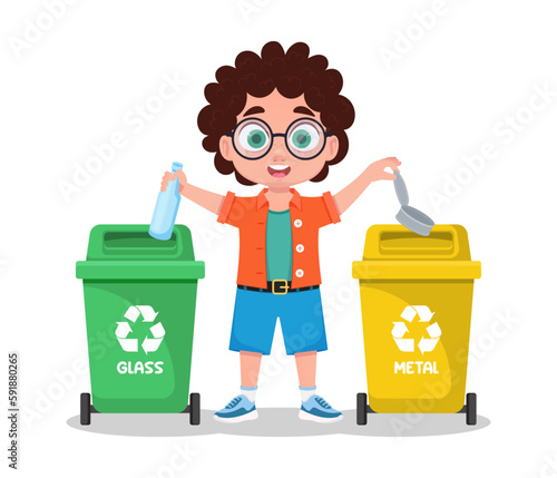 The boy sorts garbage, glass and metal