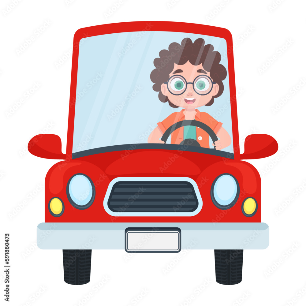 Cute child driving a red car. Vector illustration Cute child driving a red car. Vector illustration