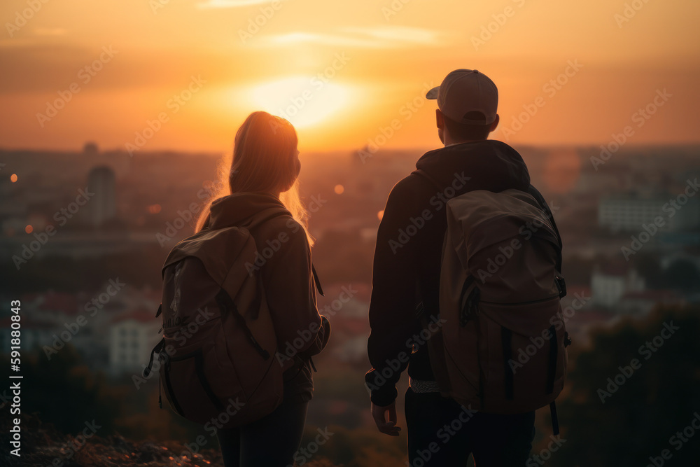 Traveling couple on a sunset generative ai Traveling couple on a sunset generative ai