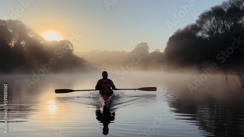 A Rower On The Water At Dawn. Generative AI