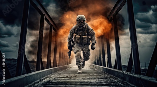 A Soldier In Full Gear Running Across A Bridge With Explosions In The Background. Generative AI
