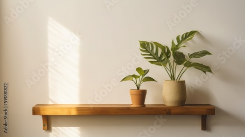 A White Wall With A Simple Wooden Shelf And A Single Potted Plant. Generative AI