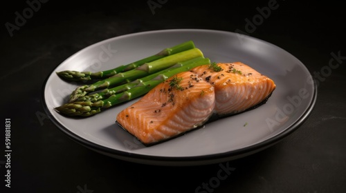 An Image Of A Simple White Plate With A Grilled Salmon Fillet And A Side Of Steamed Asparagus. Generative AI