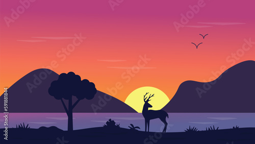 silhouette of a deer in the sunset with mountains stream and jungle computer desktop wallpaper hd © MAAZ