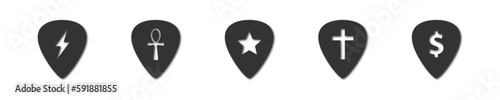 A set of guitar picks with lightning, cross, and star cutouts. Vector illustration.
