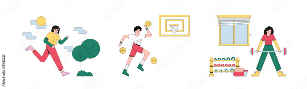 Set of cartoon characters of young people doing sports. Time for morning workout. Active and healthy lifestyle. Feeling happy when training in gym and outdoor. Vector Set of cartoon characters of young people doing sports. Time for morning workout. Active and healthy lifestyle. Feeling happy when training in gym and outdoor. Vector