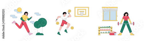 Set of cartoon characters of young people doing sports. Time for morning workout. Active and healthy lifestyle. Feeling happy when training in gym and outdoor. Vector