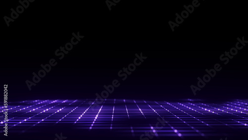 Technology perspective grid. Digital space wireframe landscape. Purple mesh on a black background. 3d rendering.