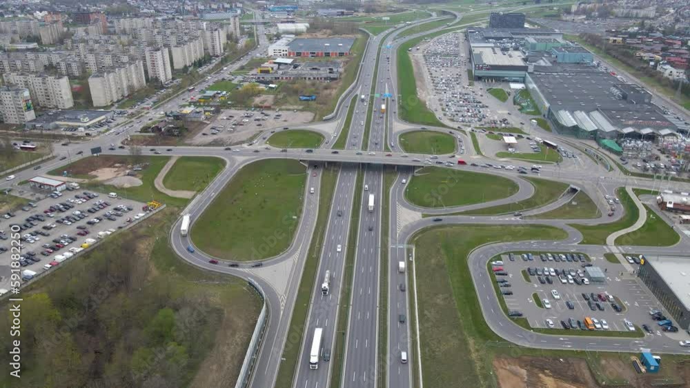 Aerial view of cars moving on roads in Kaunas, Lithuania Aerial view of cars moving on roads in Kaunas, Lithuania