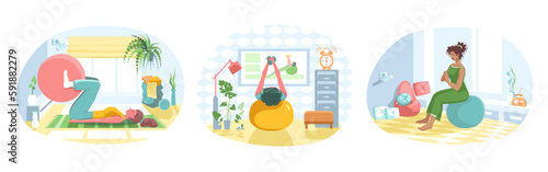 Group of cartoon characters of young people doing exercises with fitness balls. Regular physical activity. Time for stretching at home. Doing morning exercises. Healthy and active lifestyle. Vector