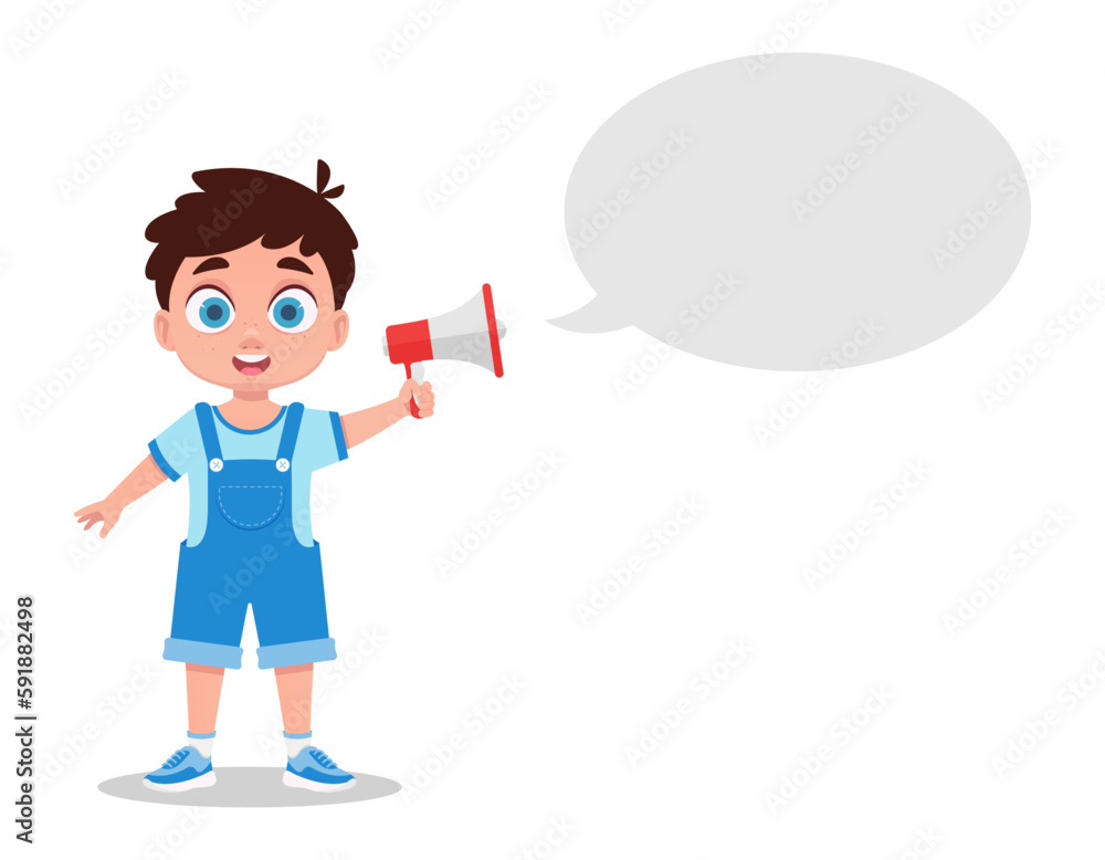 Cute boy with a megaphone in his hand. Vector illustration