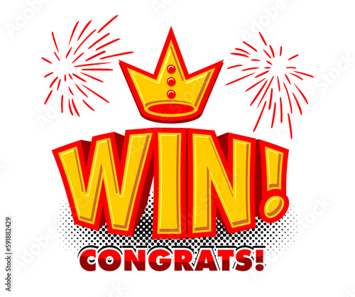 Celebration of win, congrats to win icon in comic style. Vector on transparent background. 