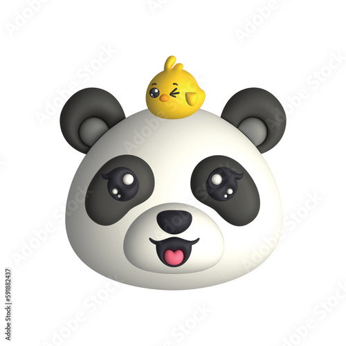 Fototapeta Naklejka Na Ścianę i Meble -  3D Render Happy Cute Panda Head with Chick (Vector)