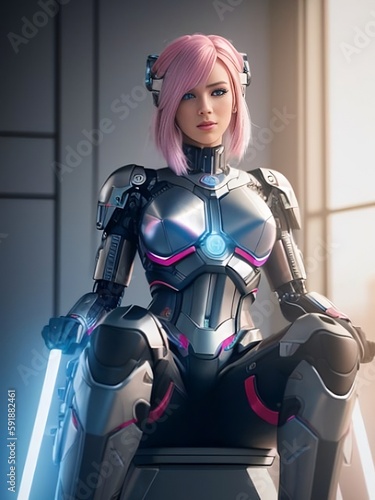 Robot cyborg women soldier, Generative AI