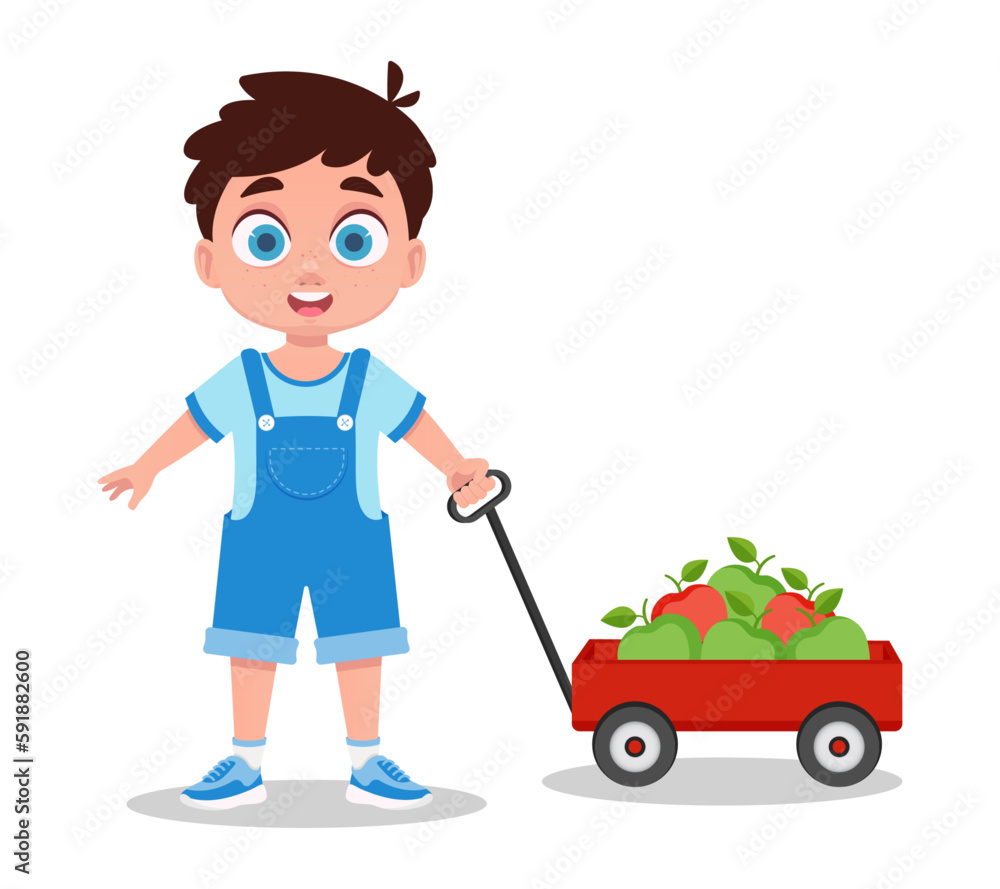 Boy with a cart of apples. Vector illustration Boy with a cart of apples. Vector illustration