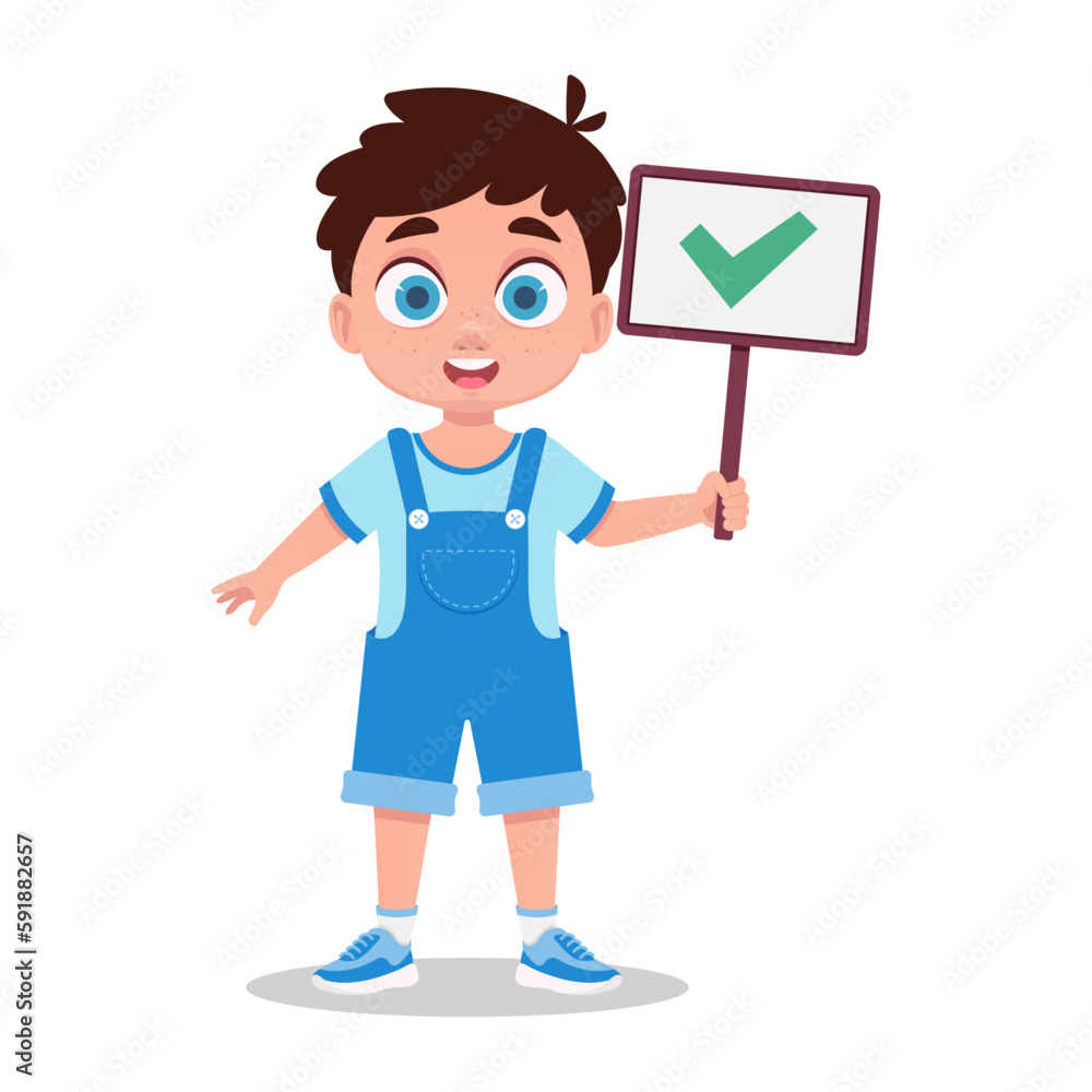 Cute boy holding green tick sign Cute boy holding green tick sign