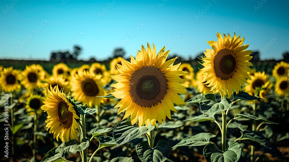 Close-up of a vibrant yellow sunflower field in full bloom, with the sunflowers reaching for the sun and their bright petals contrasting against the deep blue sky. Close-up of a vibrant yellow sunflower field in full bloom, with the sunflowers reaching for the sun and their bright petals contrasting against the deep blue sky.