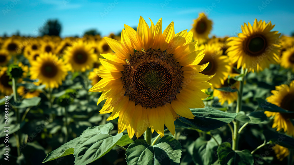Close-up of a vibrant yellow sunflower field in full bloom, with the sunflowers reaching for the sun and their bright petals contrasting against the deep blue sky.