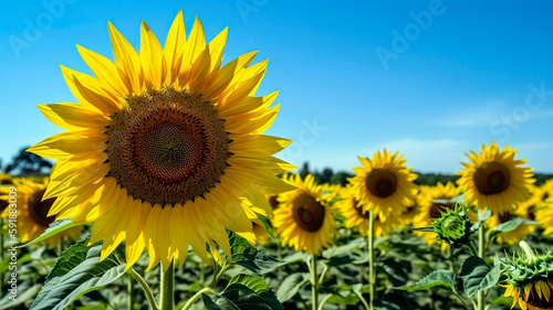 Close-up of a vibrant yellow sunflower field in full bloom  with the sunflowers reaching for the sun and their bright petals contrasting against the deep blue sky.