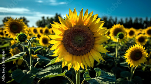 Fototapeta Naklejka Na Ścianę i Meble -  Close-up of a vibrant yellow sunflower field in full bloom, with the sunflowers reaching for the sun and their bright petals contrasting against the deep blue sky.