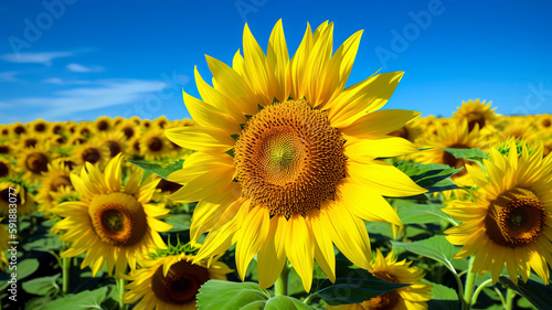 Close-up of a vibrant yellow sunflower field in full bloom  with the sunflowers reaching for the sun and their bright petals contrasting against the deep blue sky.